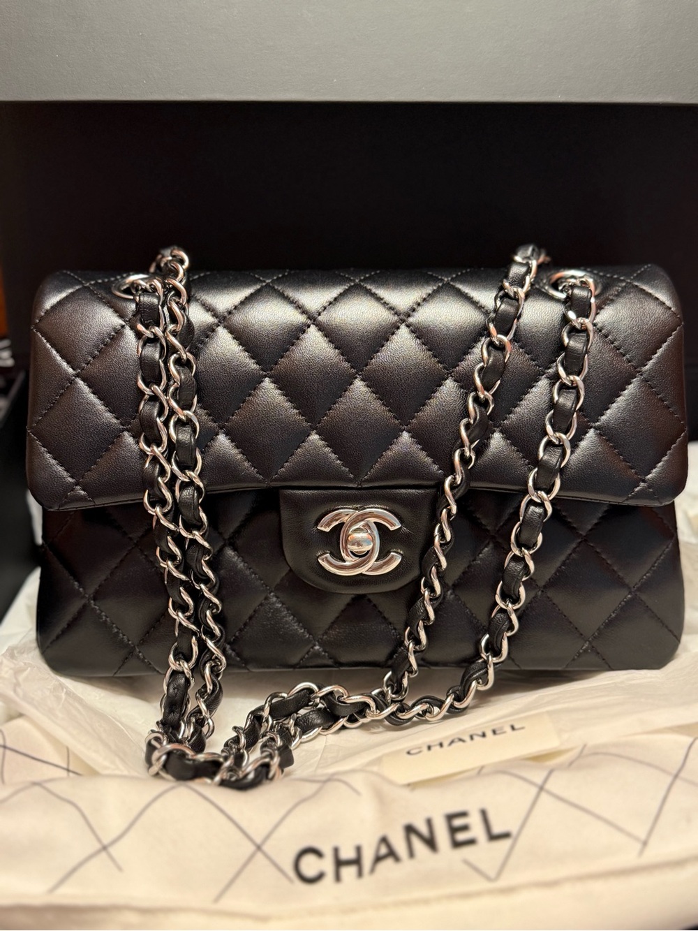 Authentic CHANEL Black Quilted Leather Shoulder Bag with Silver Chain